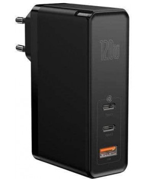Baseus adapter hišni polnilec 220V GunFast Quick Charge 120W vhod 1x USB A in 2x Type C - Original (EU Blister) črn