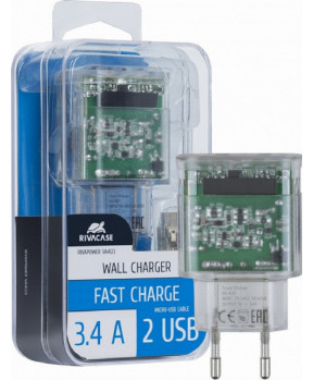 RIVACASE hišni polnilec VA4123 TD1 3,4A 2x USB + podatkovno polnilni kabel Micro USB - prozoren