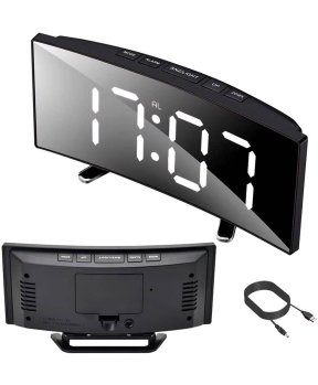 Digitalna ura z budilko, sobnim termometrom in ogledalom - črna