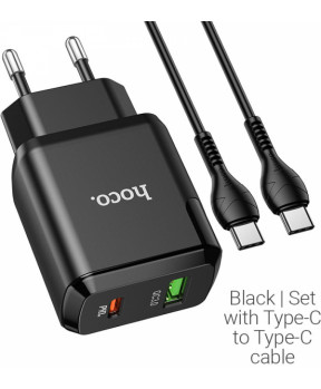 Slika izdelka: HOCO pametni hišni polnilec N5 20W z 3,0 QC z 1 x USB C in 1 x USB vtičem in s polnilnim kablom Type C - Type C črn