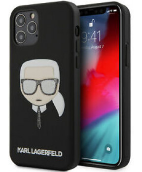 Originalen KARL LAGERFELD ovitek iPhone 12 ali 12 Pro - Karl s Head Glitter Glasses - črna silikonska zaščita - KLHCP12MGLBK