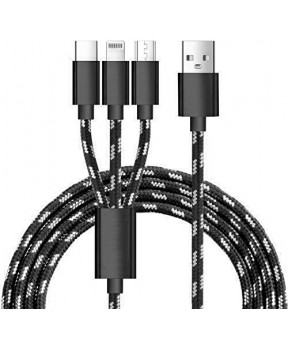 Slika izdelka: Podatkovni kabel 5A Super Charge  - 3v1 - Lightning, Micro USB, Type C - pleten in ploščat